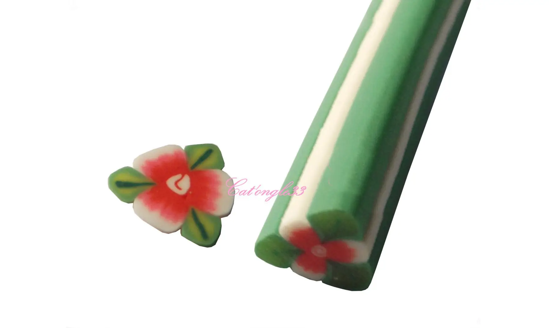 Baton fimo fleur rouge 3 feuilles