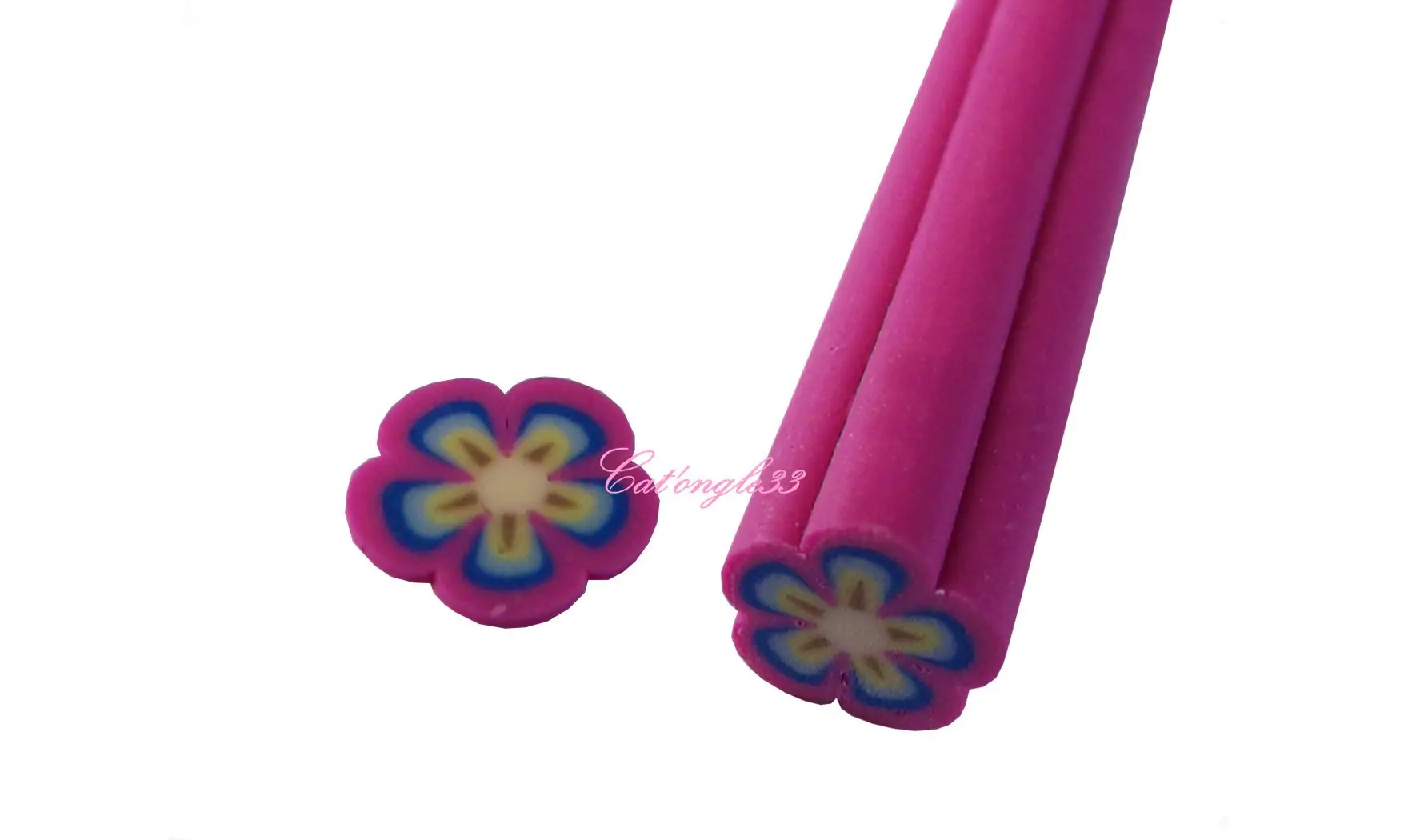 Baton fimo fleur fuschia bleu jaune