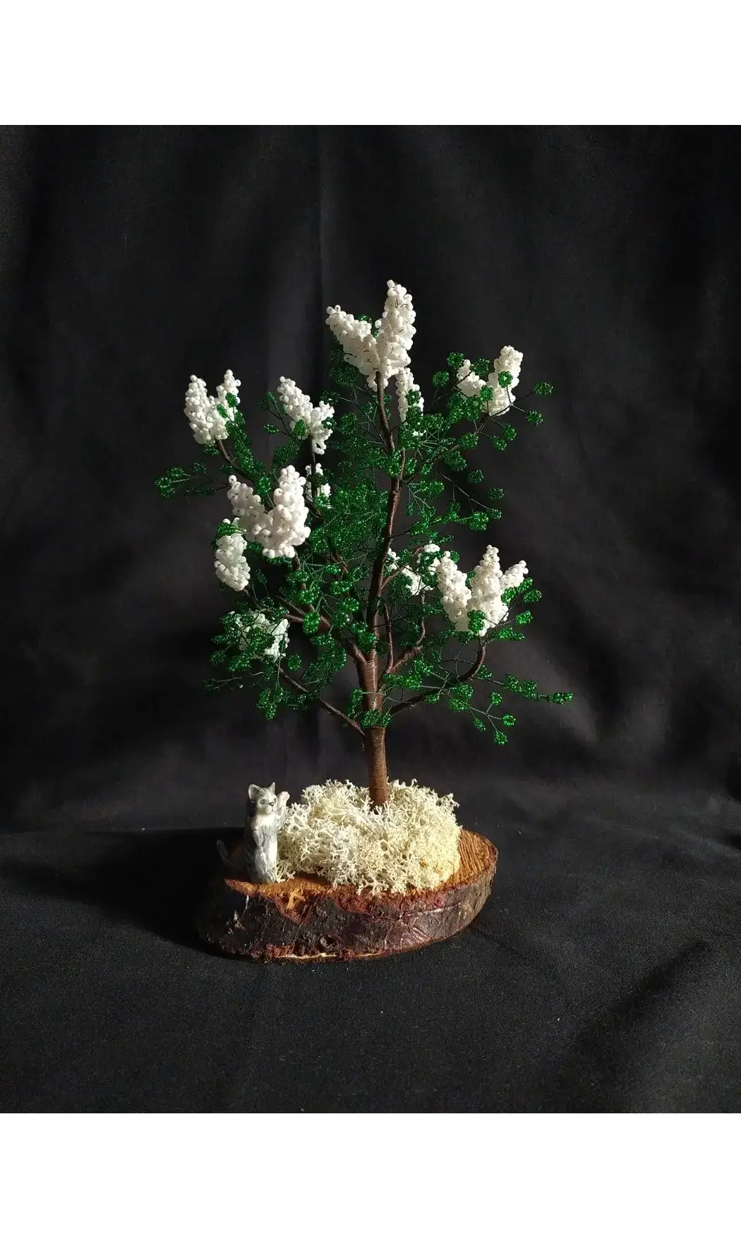 Lilas blanc socle bois chat